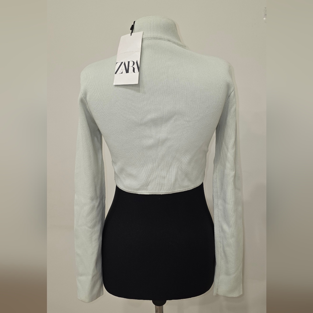 NWT Zara Scalloped Edge Light Green Mint long sleeve knit cropped Knit Sweater M - Picture 8 of 15
